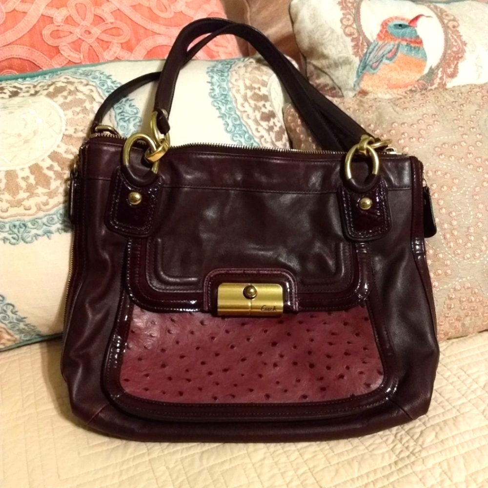 Coach Kristin Spectator Purple Brown Leather North South Zip Tote Bag MSRP $458